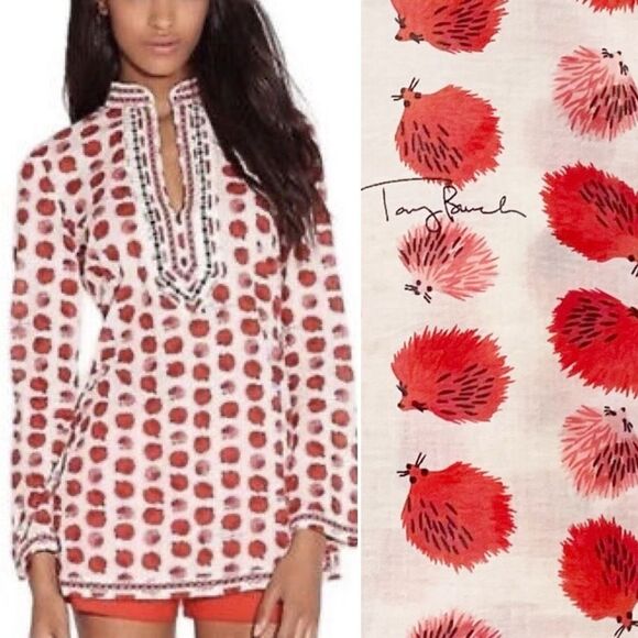 Tory Burch Tory Tunic in Tapioca Hedgehog Cotton Cream & Red Print Size 0 RARE - Picture 1 of 14